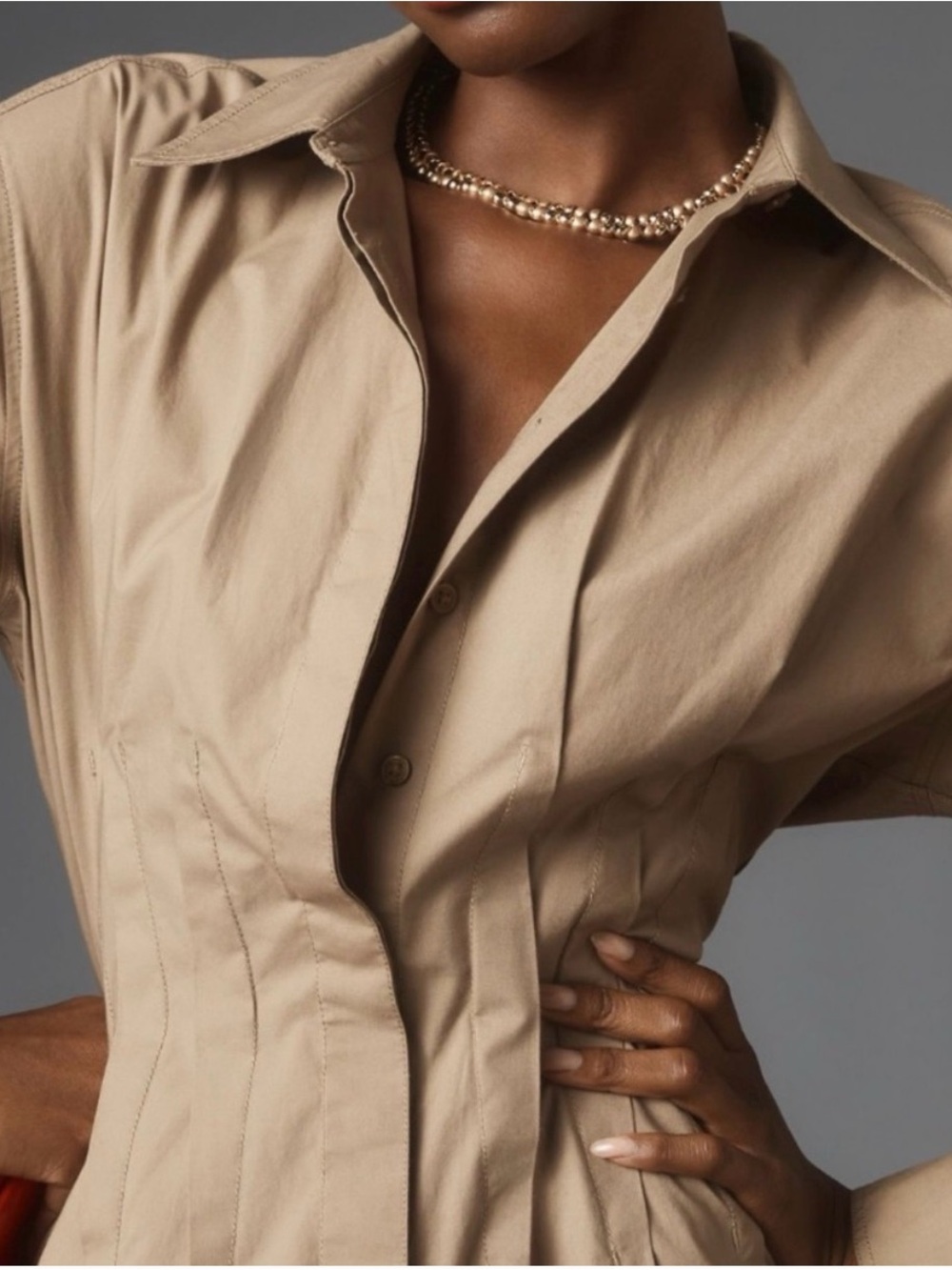 NWT Pilcro Anthropologie Taupe Corset Seam Midi Shirt Dress Large - Picture 1 of 10
